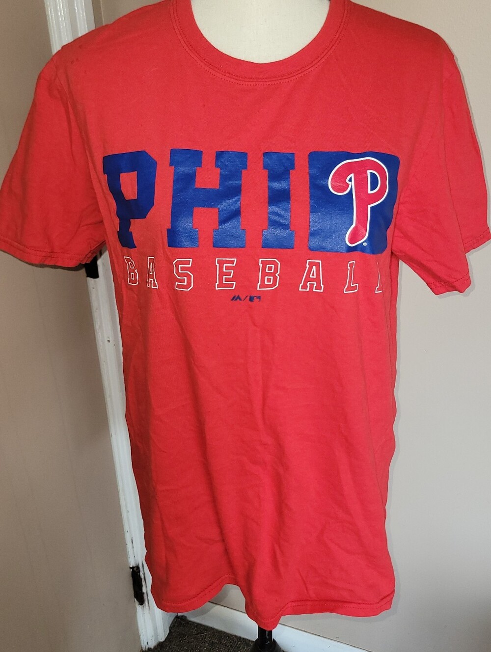 Majestic Red Philadelphia PHI Baseball Graphic Tee with Blue Lettering